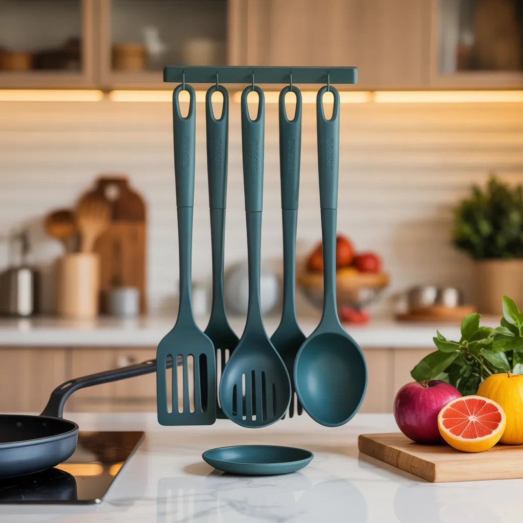 Silicone Cooking Utensil Set on kitchen counter